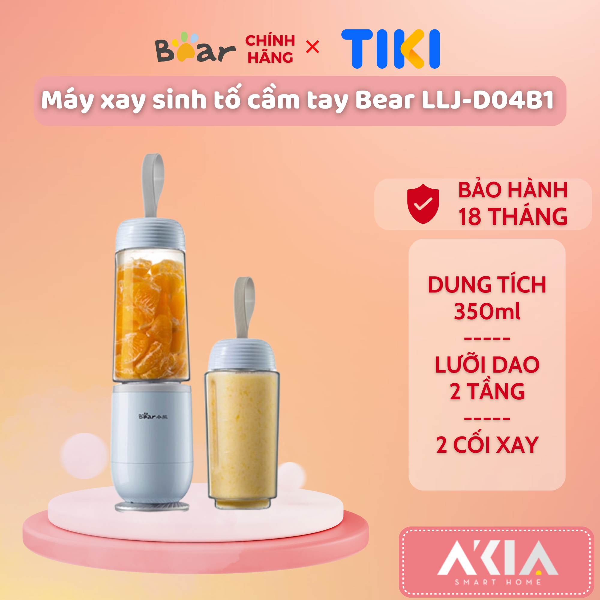 Máy xay sinh tố cầm tay Bear LLJ-D04B1, 2 cốc dung tích 350ml, lưỡi dao kép 2 tầng, xay đá được - HÀNG CHÍNH HÃNG