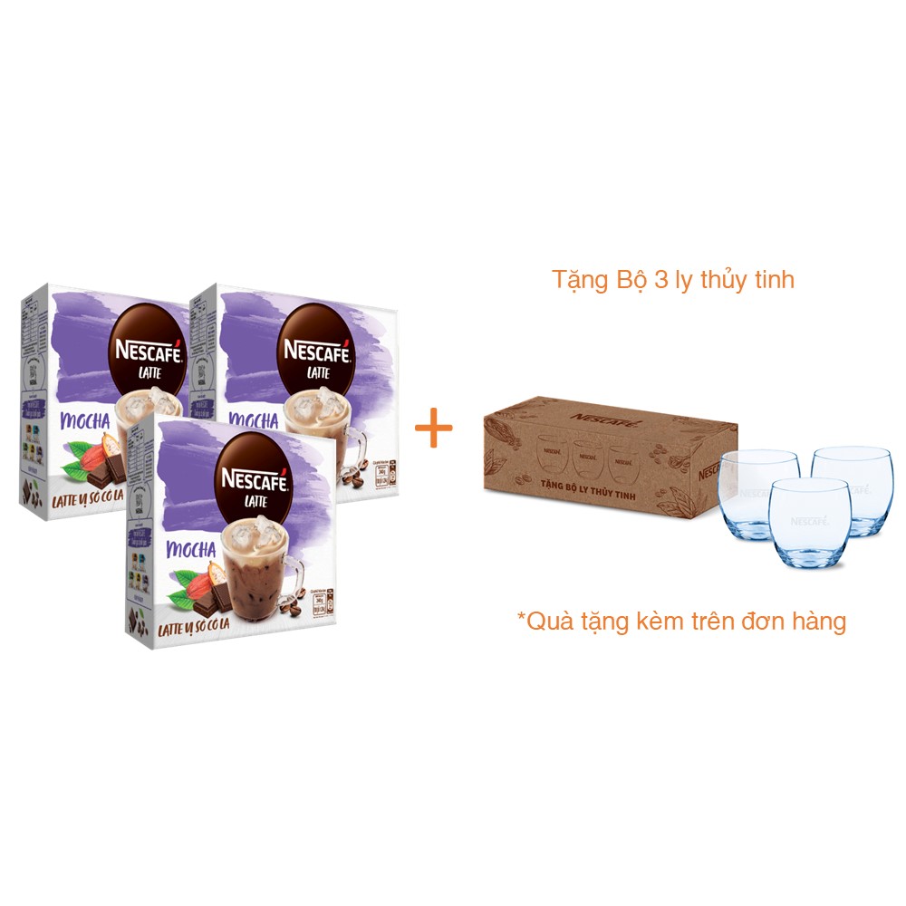 Combo 3 hộp cà phê hòa tan Nescafé Latte vị sô cô la (Hộp 10 gói x 24g) - [Tặng bộ 3 ly thủy tinh]