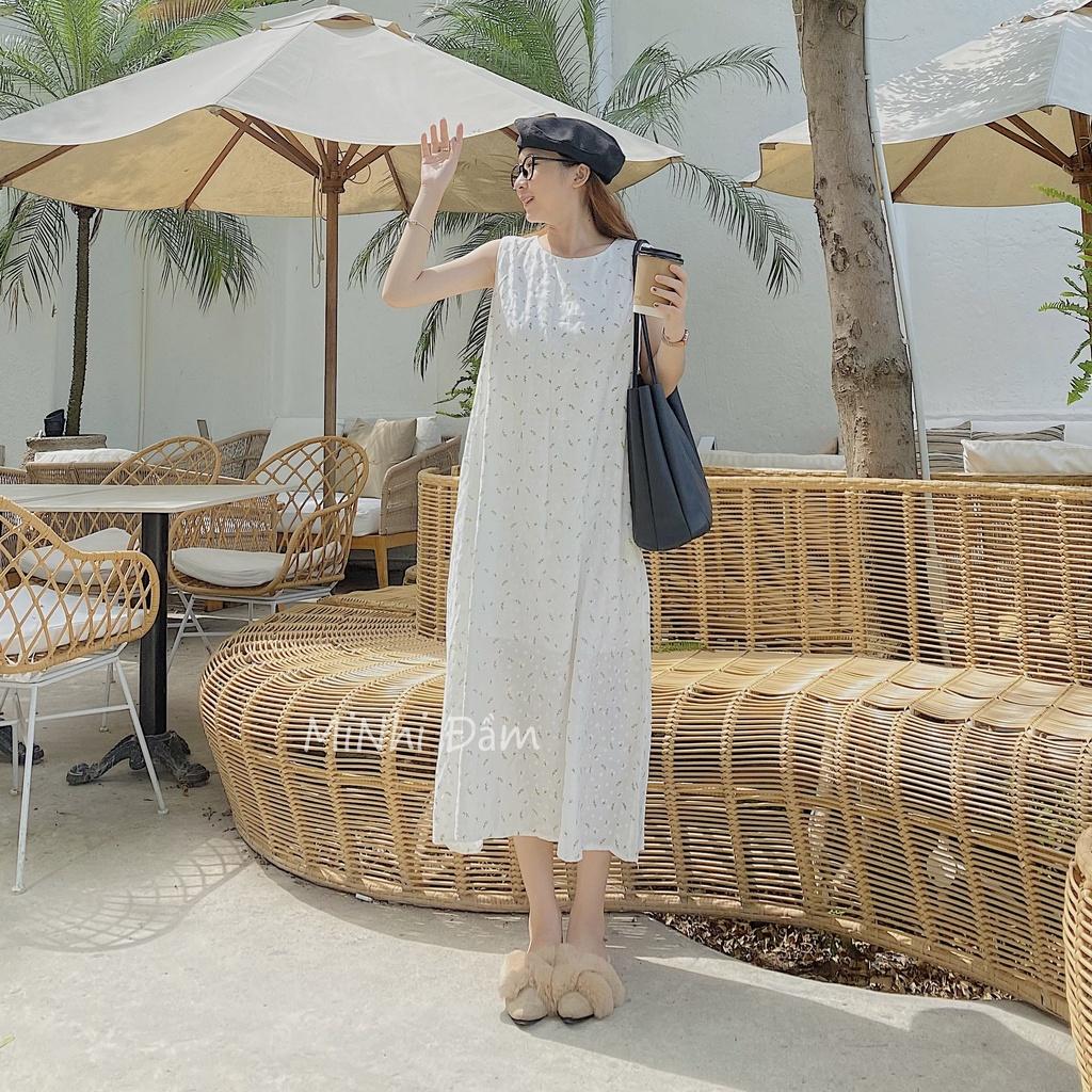 Đầm suông form rộng, Đầm trắng sát nách suông dài đi biển Cao Cấp in hoa nhí, vải mát bigsize - MiNhi Fashion