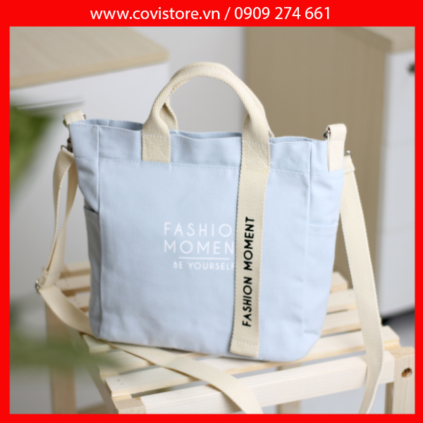 Túi vải Hàn Quốc, túi đeo chéo vải canvas phối chữ Fashion Moment thời trang Covi nhiều màu sắc T11-M-Màu Xanh bầu trời