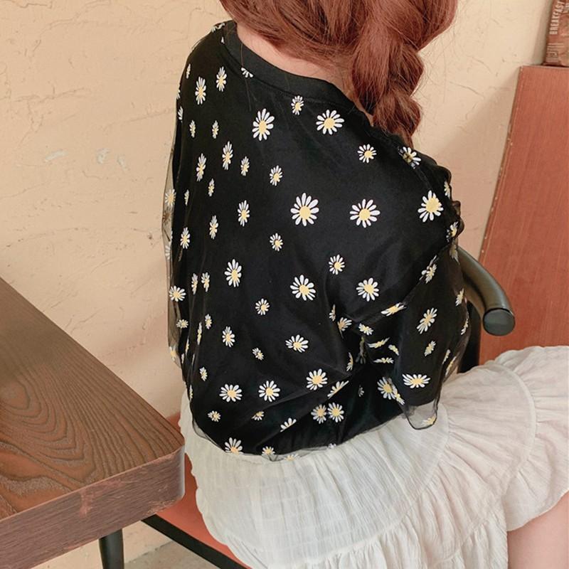 Summer Women Short Sleeve O-Neck Printed Mesh Tee Tops T Shirt Loose Daisy Tops