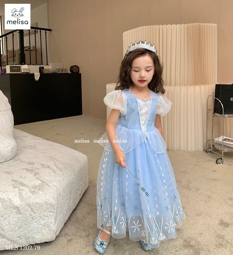 Đầm voan công chúa cho bé gái dự tiệc diện tết đẹp hình Elsa size 10-40kg hàng thiết kế cao cấp