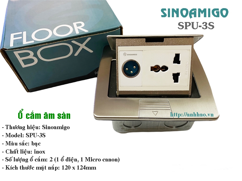 Ổ điện + mạng quang chuẩn SC/UPC âm sàn Sinoamigo SPU-3S, chất liệu inox đúc nguyên tấm chống oxy hóa. Hàng chính hãng, có xuất hóa đơn VAT