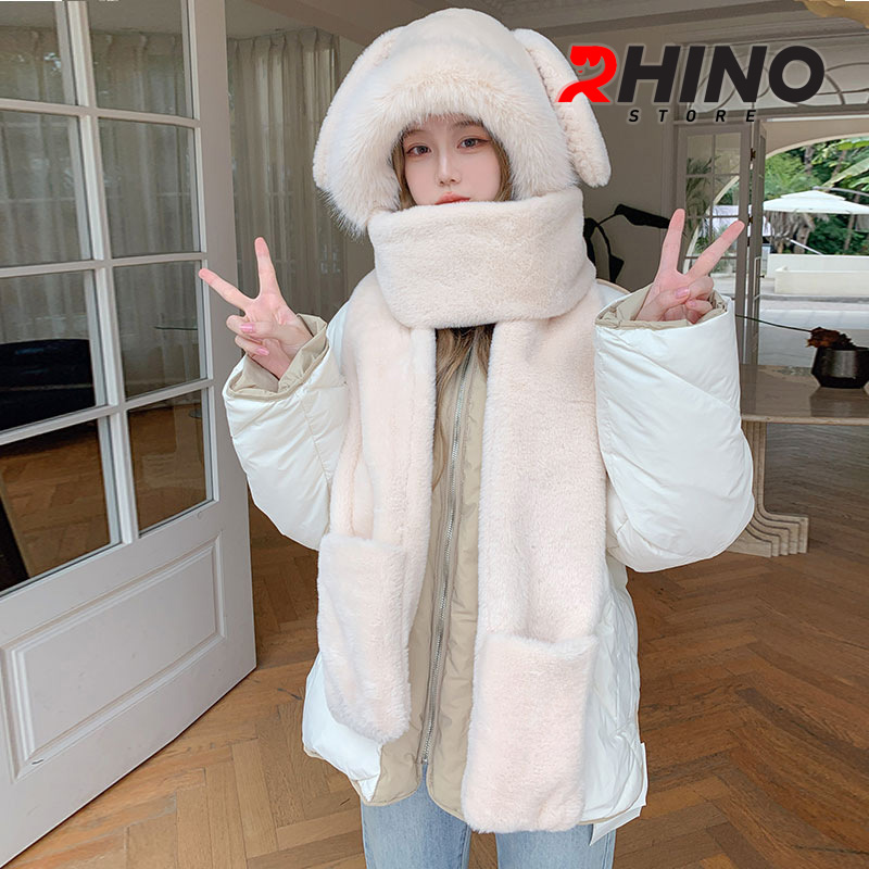 Mũ lông, mũ len kèm khăn quàng Rhino WS101 ấm áp, dễ thương hàng chính hãng