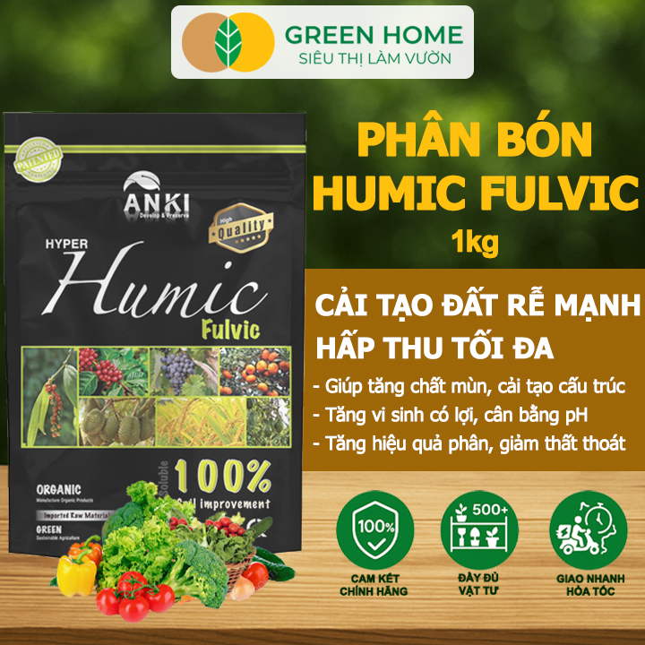Phân Bón Humic Fulvic GreenHome, Gói 1Kg, Cải Tạo Đất, Kích Thích Ra Rễ, Tăng Hấp Thụ Phân Bón