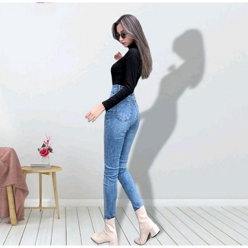 Quần Jeans Nữ Skinny Xanh Trơn Cao Lưng