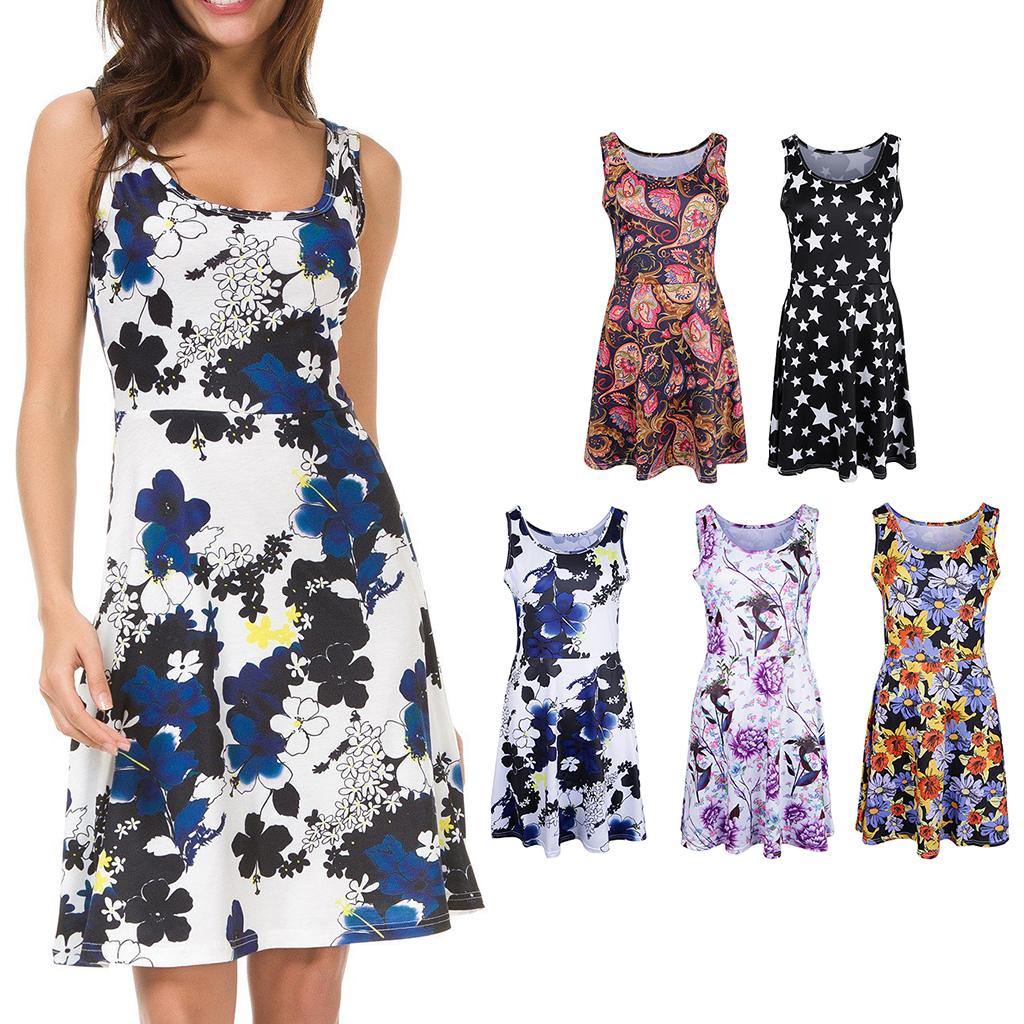 Women Floral Dress Summer Sleeveless Round Neck Casual Flared Midi Dress