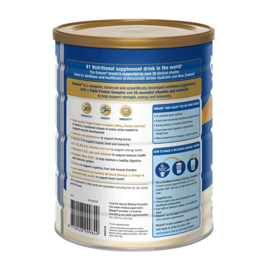Sữa Ensure Úc Vanilla 850g Chống Loãng Xương Tăng Cường Trí Nhớ Cho Người Lớn
