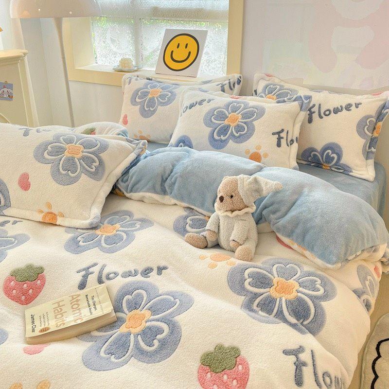 Bộ chăn ga gối nỉ nhung 3D Nhập Khẩu mẫu đáng yêu, vải mềm dày dặn