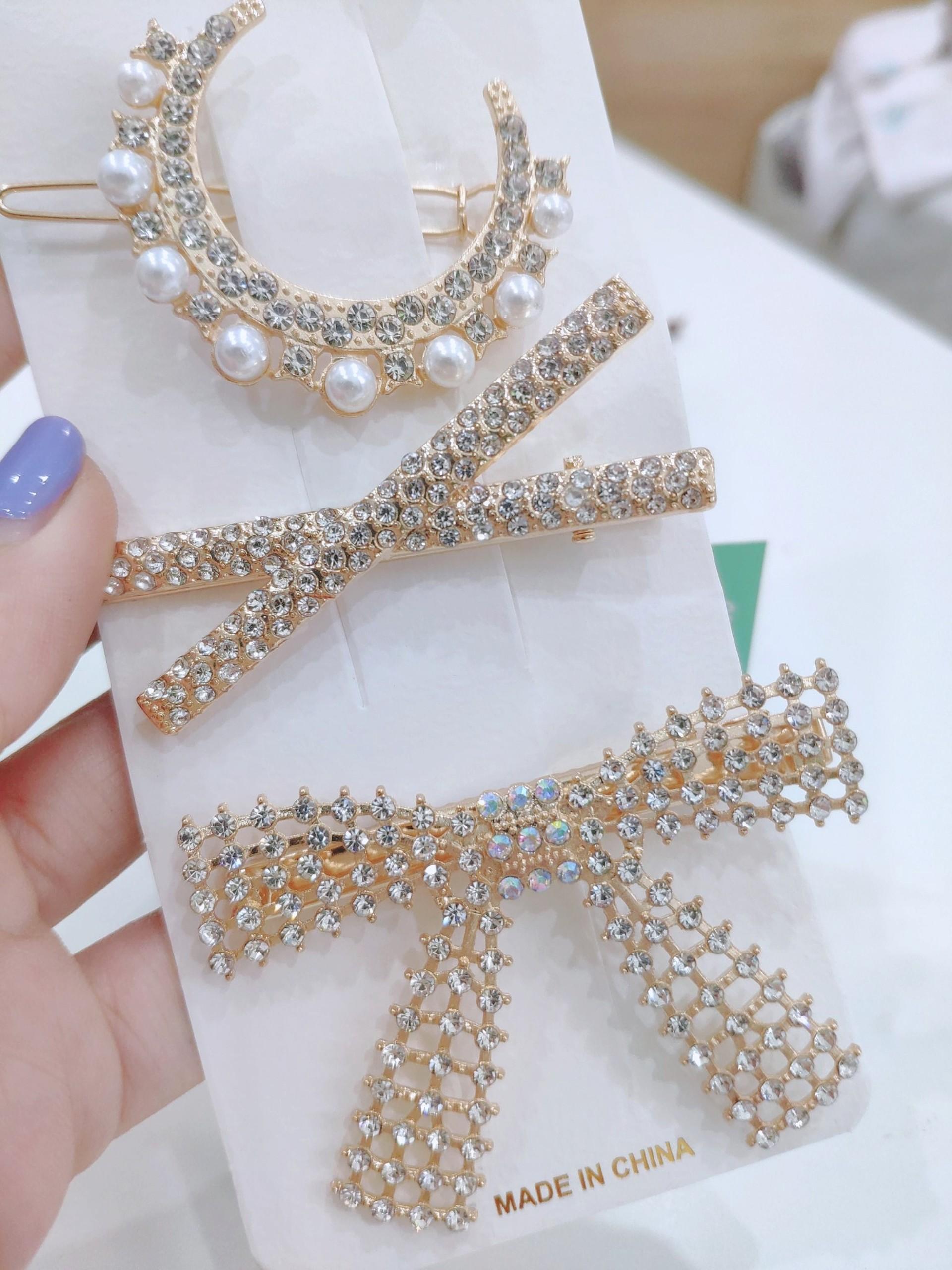 Set 5 kẹp tóc đính đá lấp lánh nơ và hoa phong cách Hàn quốc
