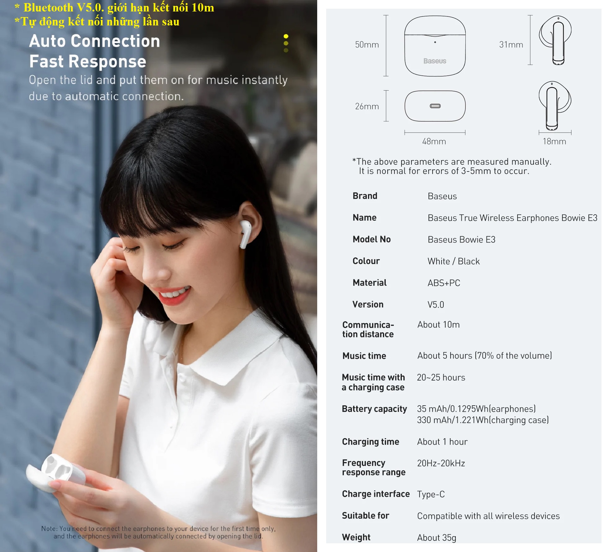 Tai nghe bluetooth kèm App - Low latency Baseu True Wireless Earphones Bowie E3 - Hàng chính hãng