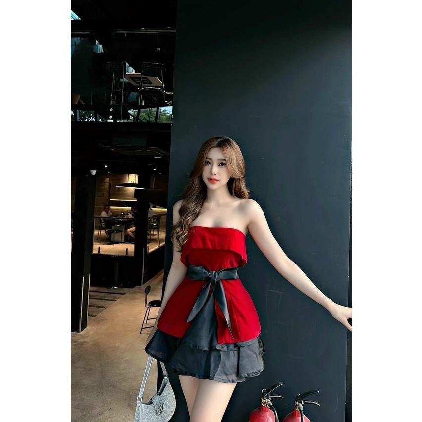 SET 2 MÓN ÁO CÚP NGỰC CÓ BE XẺ TÀ DÁNG DÀI MIX CHÂN VÁY NGẮN XÒE CỰC SANG CHẢNH
