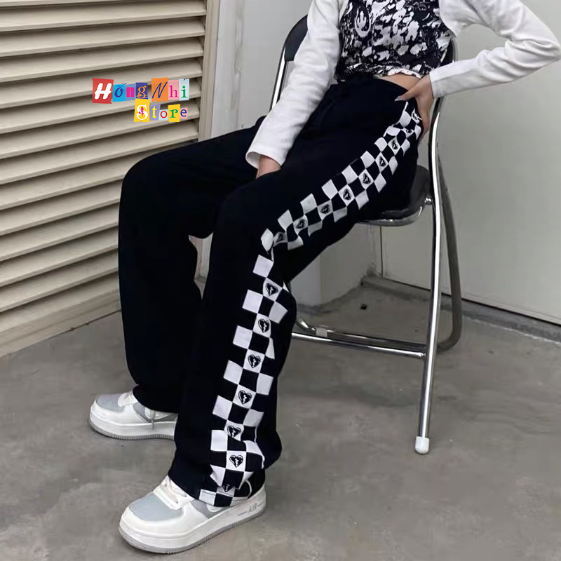 Quần Jogger Line Trái Tim Ulzzang Unisex Jogger Phối Sọc In Hình Dây Rút Lai Ống Rộng - MM