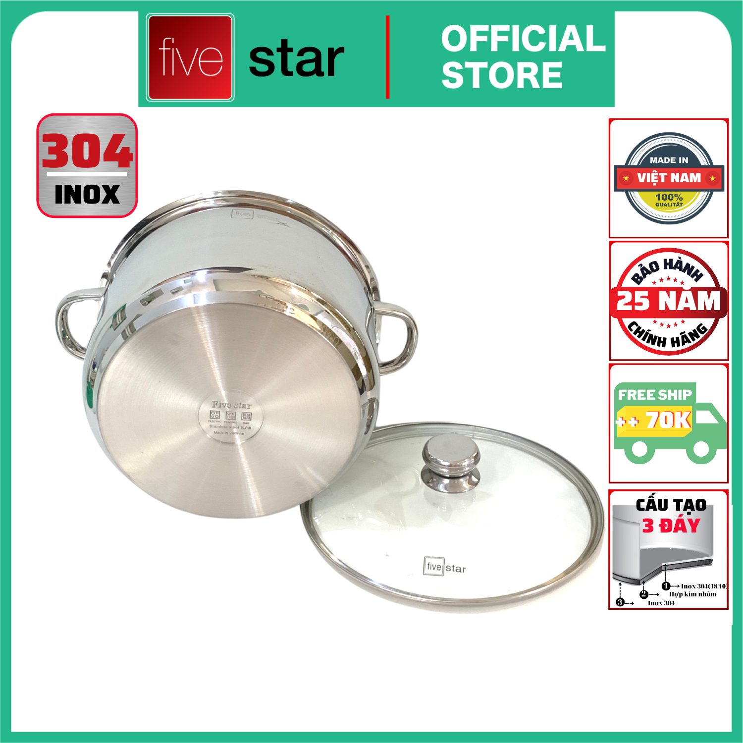 Nồi luộc gà inox 304 cao cấp Fivestar Plush 28cm nắp kính , 3 đáy dùng được bếp gas , hồng ngoại ( tặng 1 vá canh inox )