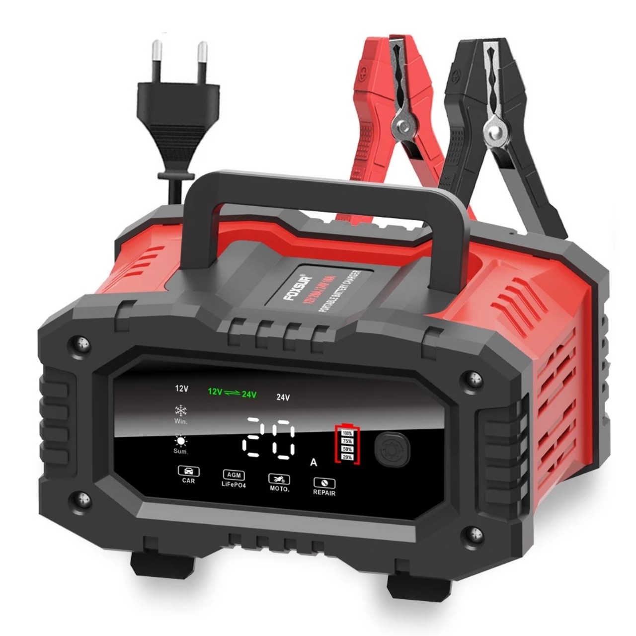 Sạc Bình FOXSUR 12V-24V - Hàng Nhật 300Ah, Thông Minh 7 Giai Đoạn Tự Ngắt, Phục Hồi Ắc Quy
