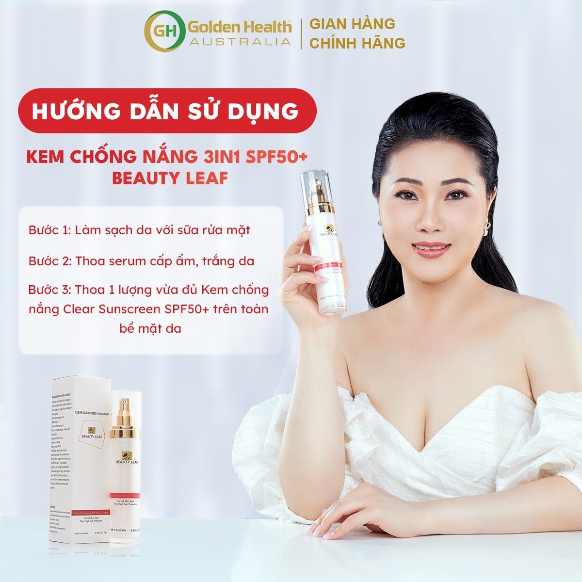 [GOLDEN HEALTH] Kem Chống Nắng Dưỡng Trắng Da, Kháng Nước Beauty Leaf Clear Sunscreen UVA/UVB SPF 50+ (Chai 80ml)