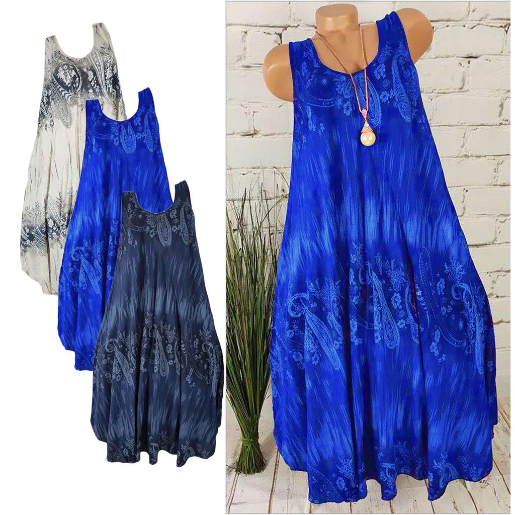 Ladies Summer Flower Plus Size Sleeveless Swing T-Shirt Beach Cover Up Dress