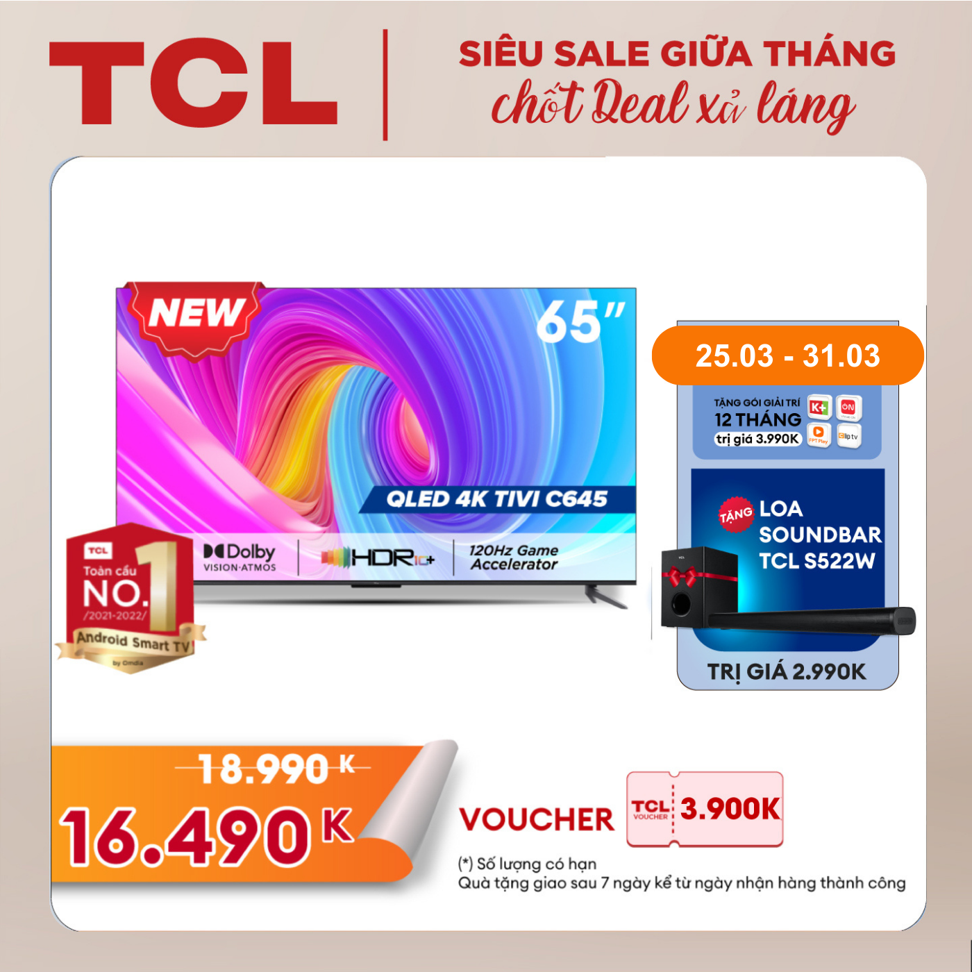 [SẢN PHẨM MỚI 2023 - Hàng chính hãng] QLED TV 4K UHD - Tivi 65 inch - TCL 65C645 - Google TV - OK Google - tivi 65 inch chât lượng