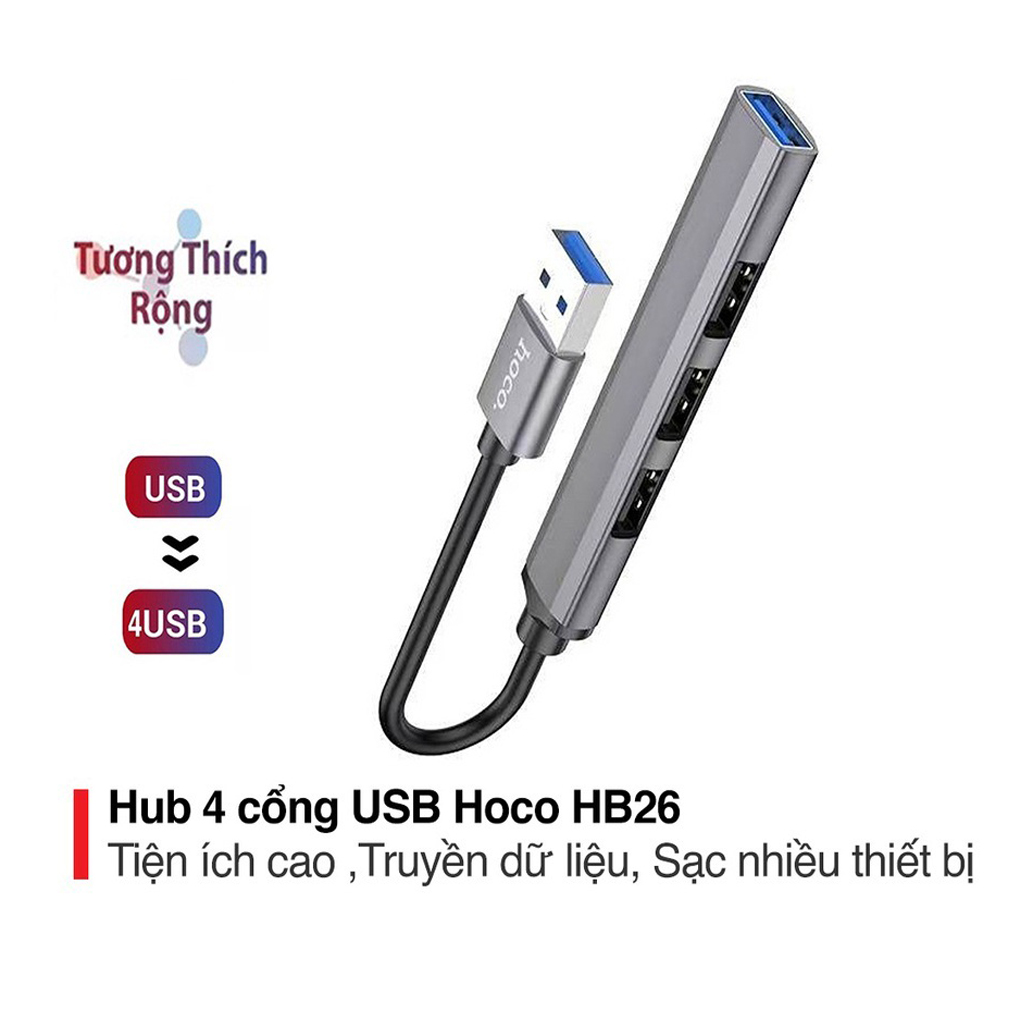 Hub 4in1 Hoco HB26 USB sang 4 cổng USB ( USB 3.0/ 3 USB 2.0) truyền dữ liệu ổn định ( 2 màu ) - Hàng chính hãng