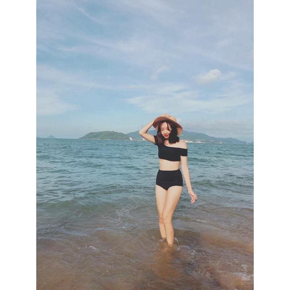 Bikini 2 mảnh đồ bơi áo trễ vai màu đen có ống tay nữ siêu đẹp ( Ảnh chụp từ khách)