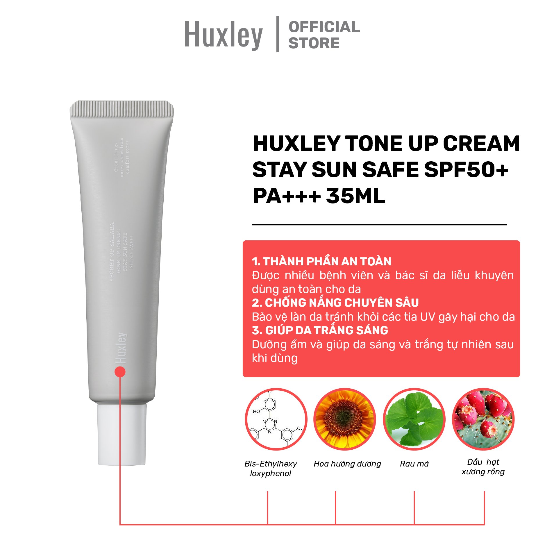 Kem chống nắng dưỡng da trắng sáng tức thì Huxley Tone Up Cream Stay Sun Safe SPF50+ PA+++ 35ml