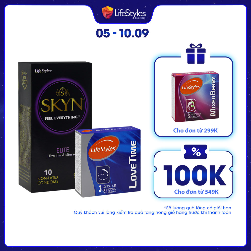 Combo 1 Hộp Bao Cao Su Siêu Gai Non-latex SKYN Intense 10 bao + 1 Hộp Kéo Dài Thời Gian Love Time