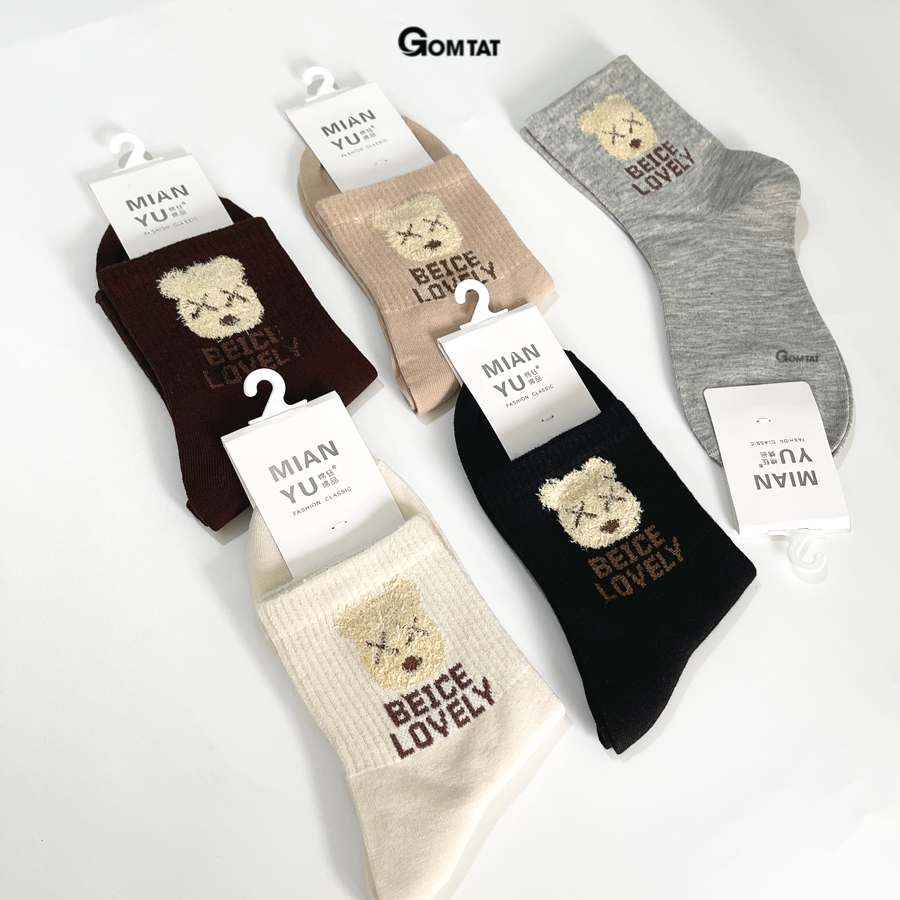 Tất Nữ Cổ Lửng GOMTAT Họa Tiết Hình Gấu BEICE, Chất Liệu Cotton Cao Cấp Thoáng Khí - LISU17-LUNG-GAU-BEICE