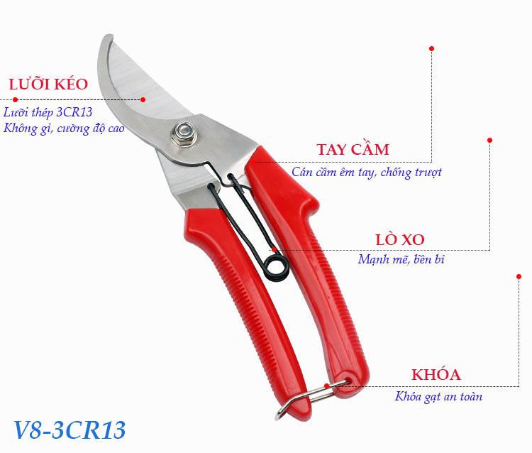 Kéo cắt tỉa cành cây, kéo làm vườn VHV7-9 bằng thép không rỉ SK5 có lưỡi cắt dày siêu bén, cắt khỏe và tay cầm trợ lực