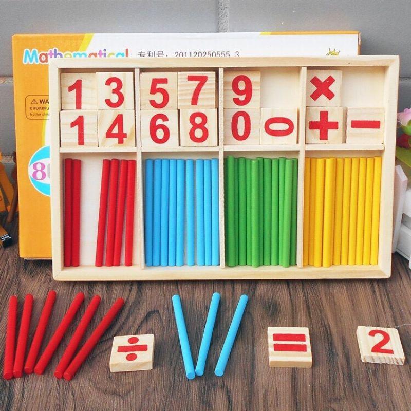 Bộ que tính đồ chơi Toán học bằng gỗ 100 que, hộp số và dấu cho bé phát triển kĩ năng tính toán