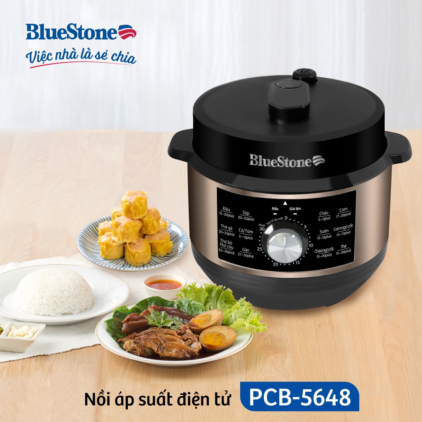 Nồi Áp Suất Điện Bluestone PCB-5648, 900W-5.0Lit, 13 Chế Độ Tự Động, Hàng Chính Hãng