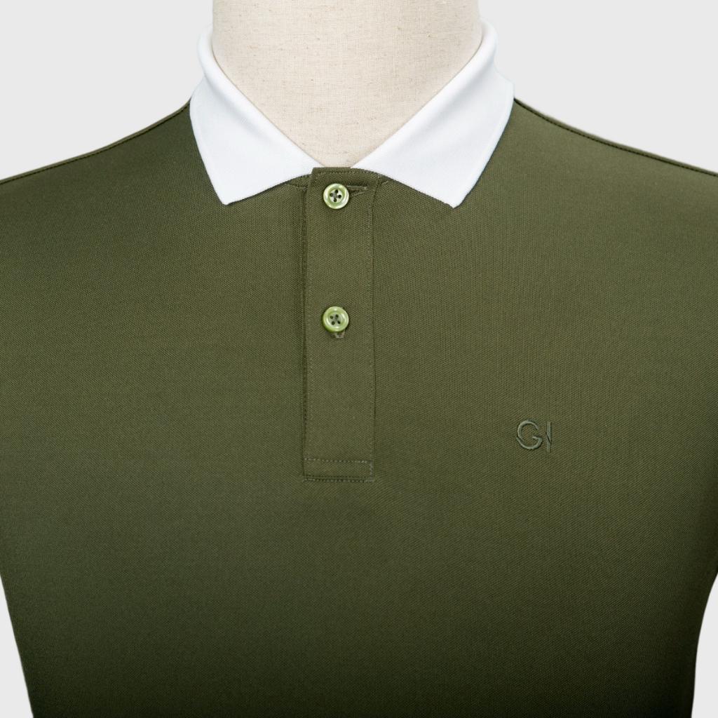 Áo nam polo màu xanh rêu cổ trắng dáng đẹp cá sấu Poly trơn ngắn tay cao cấp có cổ GIFASHION MPR3418