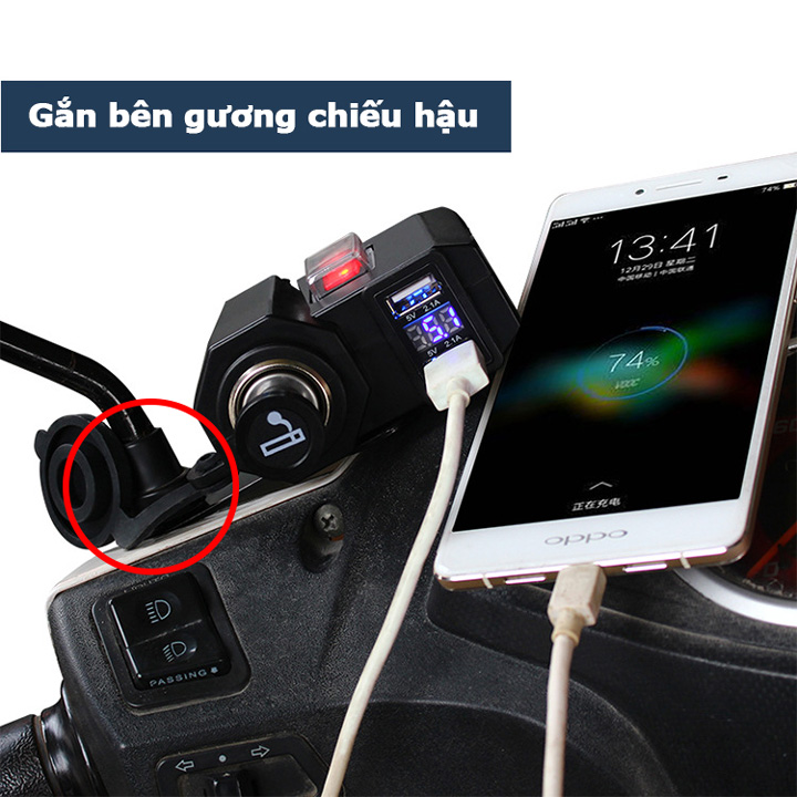 Sạc điện thoại gắn xe máy 3 trong 1, 2.1A có lỗ tẩu và màn hình hiển thị điện áp chống nước