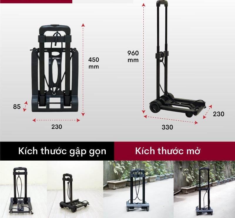 Xe đẩy hành lý -  xe đẩy hàng gấp gọn thông minh (đi kèm dây buộc) xe kéo hàng đi chợ đa năng - HENRYSA