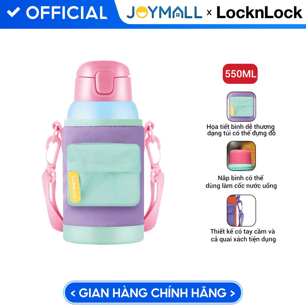 Bình giữ nhiệt trẻ em 550ml LocknLock màu xanh hồng LHC1475BLU, Hàng chính hãng, họa tiết dễ thương, 2 nắp, kèm túi quai xách - JoyMall