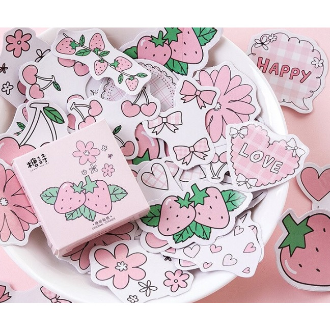 Hộp 45 Miếng Dán Sticker Trang Trí 2 Trái Dâu