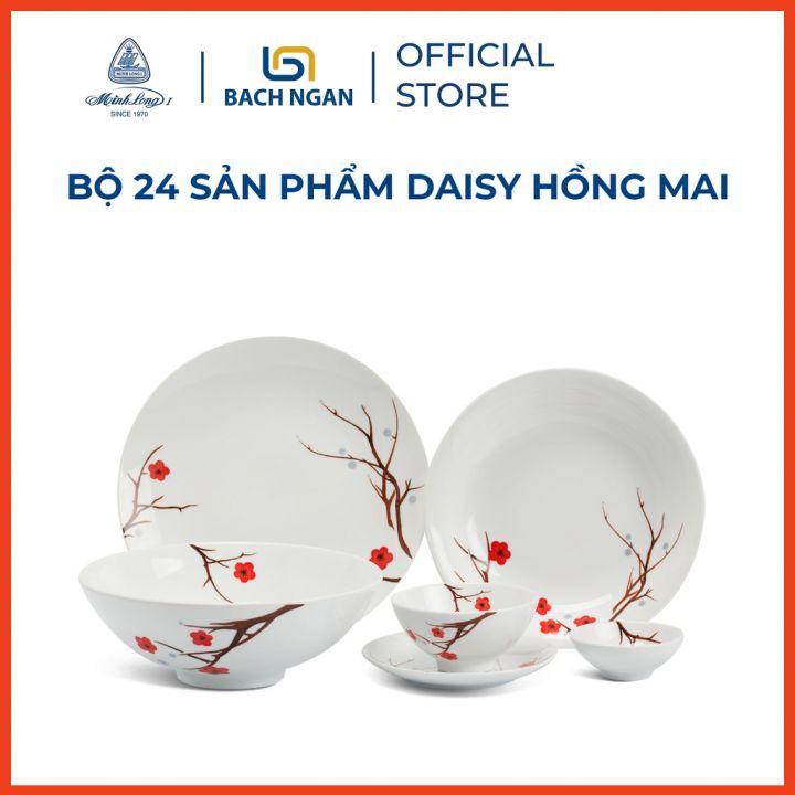 Bộ Chén Dĩa Sứ Cao Cấp Minh Long 24 sản phẩm Họa Tiết Hồng Mai đẹp, sang trọng phù hợp gia đình, đãi khách, tặng quà