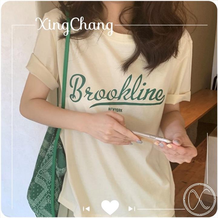 Áo thun nữ trắng dáng basic, áo thun công sở XingChang chất đẹp nữ tính in Brookline mã NXC28