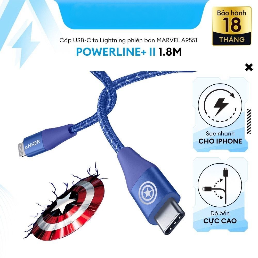 Cáp Sạc ANKER PowerLine+ III USB-C TO Light.ning dài 1.8M - ANKER A9551 - Phiên Bản Marvel - Hỗ Trợ Sạc Nhanh Cho iPhone