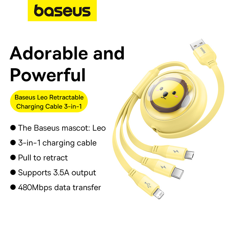 Cáp Sạc 3 Đầu Baseus Leo Retractable Charging Cable 3-in-1 USB to M+L+C 3.5A (1.1m) (Hàng chính hãng)