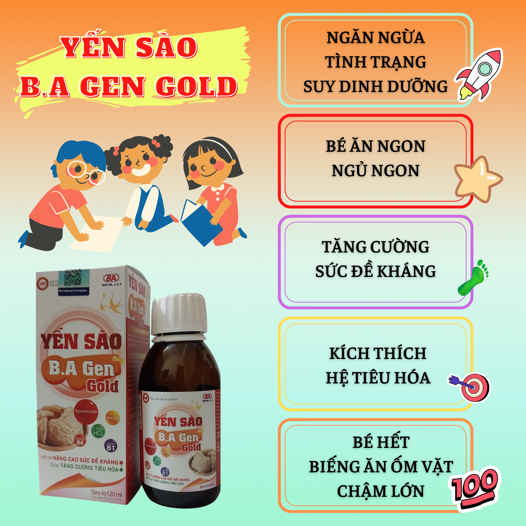 Siro Ăn Ngủ Ngon Cho Bé Biếng Ăn Giúp Bé Tăng Cân Tự Nhiên Kích Thích Hệ Tiêu Hóa Trẻ Giảm Ốm Vặt Hết Biếng Ăn Giảm Táo Bón Tăng Sức Đề Kháng Siro Ăn Ngủ Ngon Yến Sào B.A GenGold 120ml