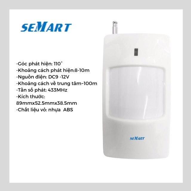 Cảm biến hồng ngoại phát hiện chuyển động không dây Semart SM-815W. Truyền tín hiệu về tủ trung tâm bắng sóng