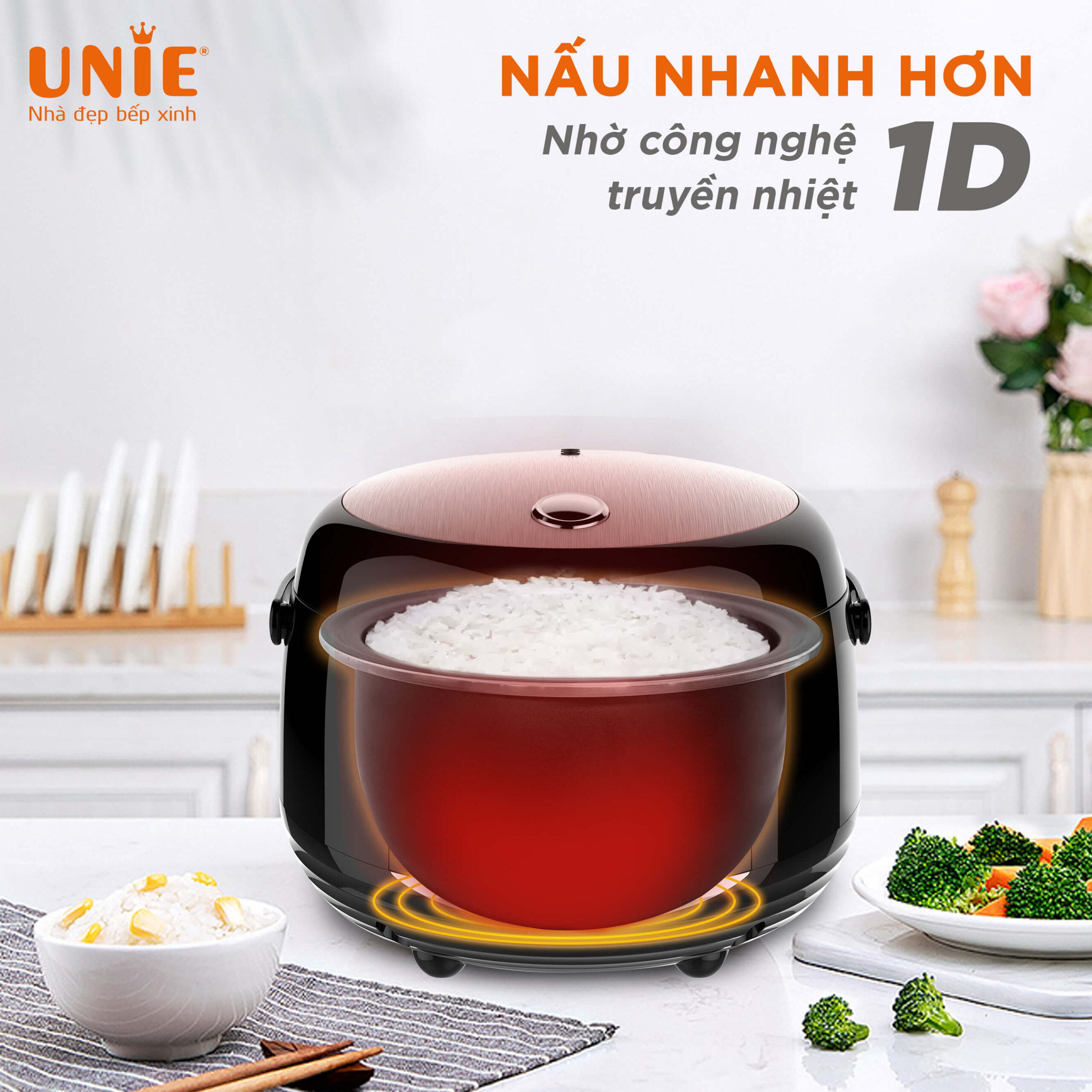 Nồi cơm điện UNIE UEC1572B,Công nghệ ủ nhiệt 3D,Lòng nồi gốm cao cấp,giữ ấm lên tới 24h, 16 chương trình nấu đa dạng-hàng chính hãng UNIE