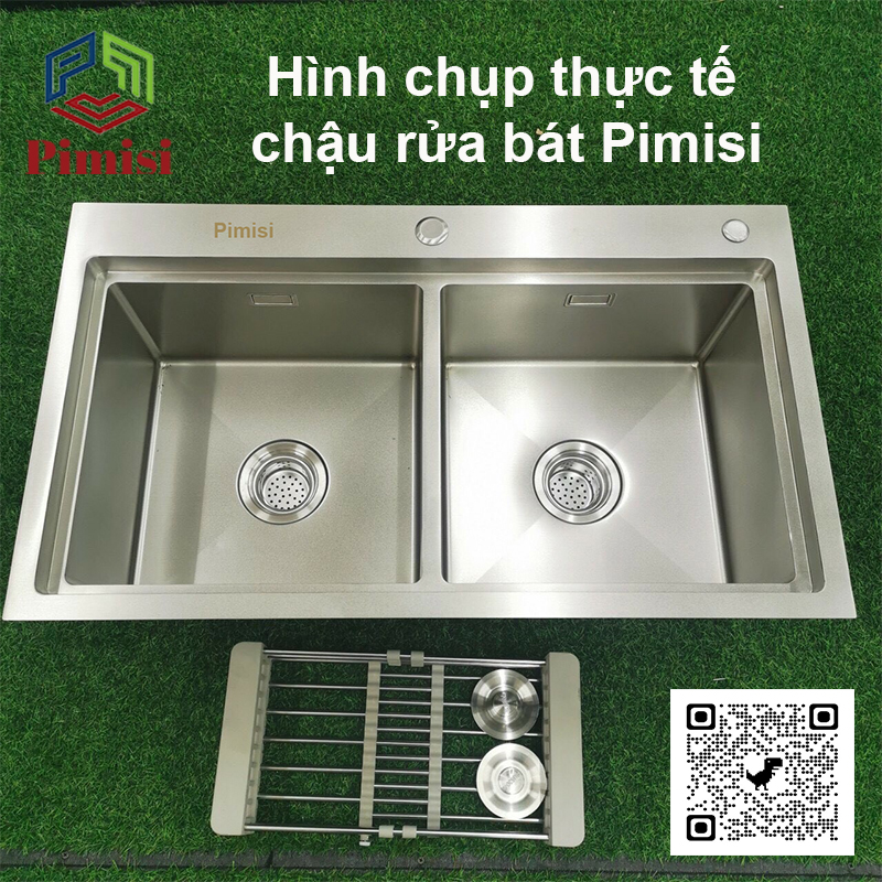 Chậu rửa bát chén inox 304 Pimisi đúc 2 hố cân kiểu 2 tầng giật cấp, kích thước bồn rửa bậc thang 78x43 và 82 x 45 cm thép không gỉ sus 304 cao cấp đầy đủ xi phông loại to và kèm rổ đựng, gắn bàn đá hoặc để kệ giá dàn bếp | Hàng chính hãng