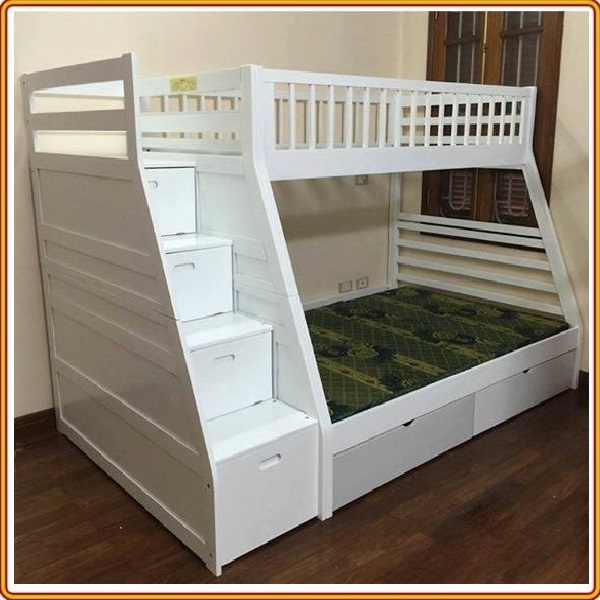 Giường 3 tầng nhập khẩu, cầu thang đảo chiều Tundo màu trắng