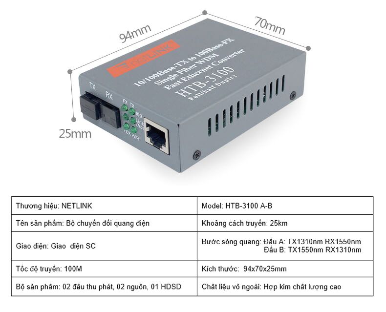 Hình ảnh Bộ chuyển đổi quang điện 10/100M Single Fiber Netlink HTB-3100AB (1 Sợi quang)