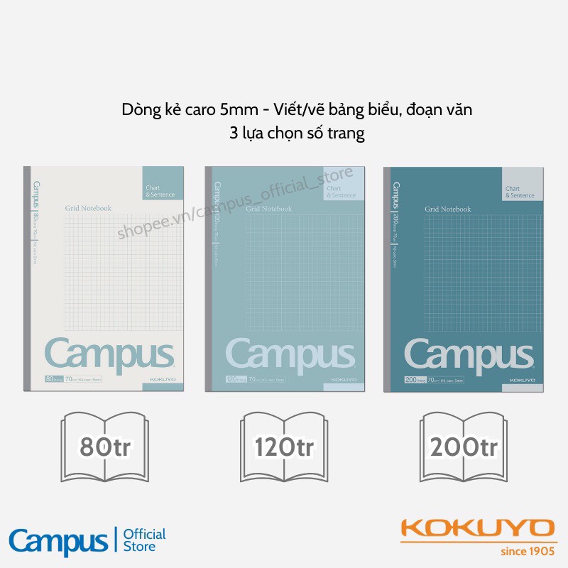 Lốc 5 Vở Caro Campus Basic Notebook 120 Trang - Dòng Kẻ Caro 5mm, Phong Cách Đơn Giản