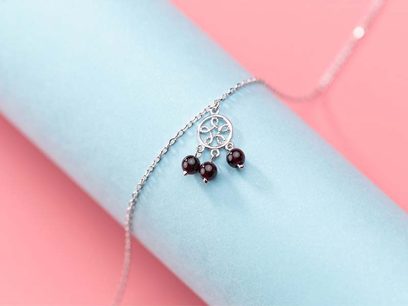 Lắc Chân Bạc Nữ cao cấp hạt cherry đỏ LCBN197 + Tặng hộp đựng lắc + Tặng khăn lau bạc