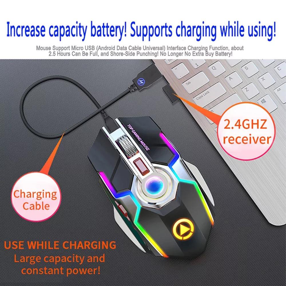 Chuột Không Dây RGB Sạc Chuột Máy Tính Không Dây Im Lặng Mause LED Backlit Công Thái Chuột Chơi Game Cho Laptop