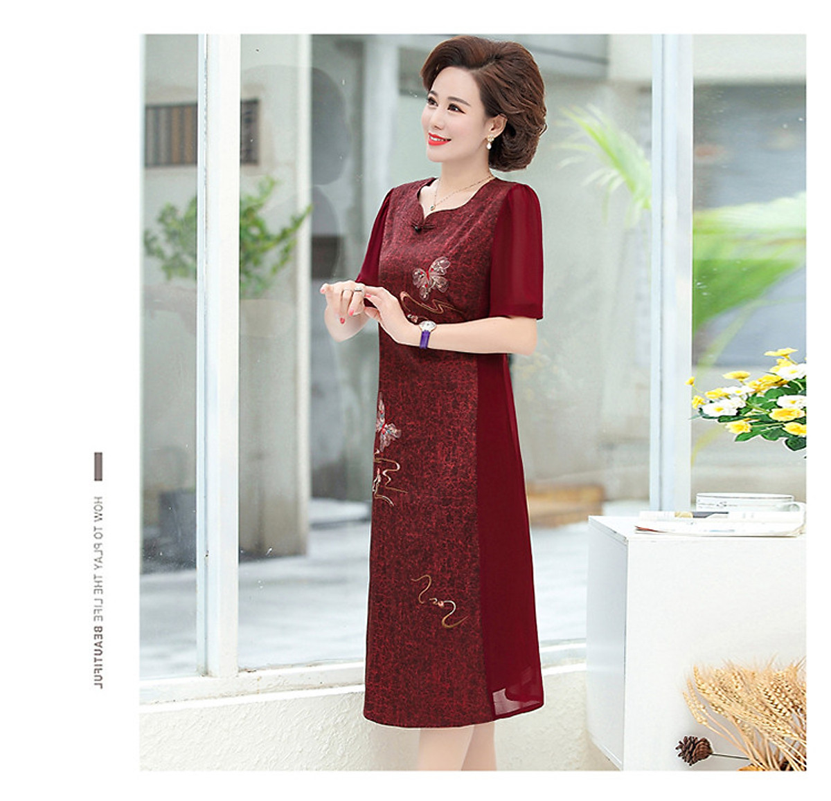 Đầm trung niên quý bà dành cho các mẹ hoẹ tiết thêu hình bướm