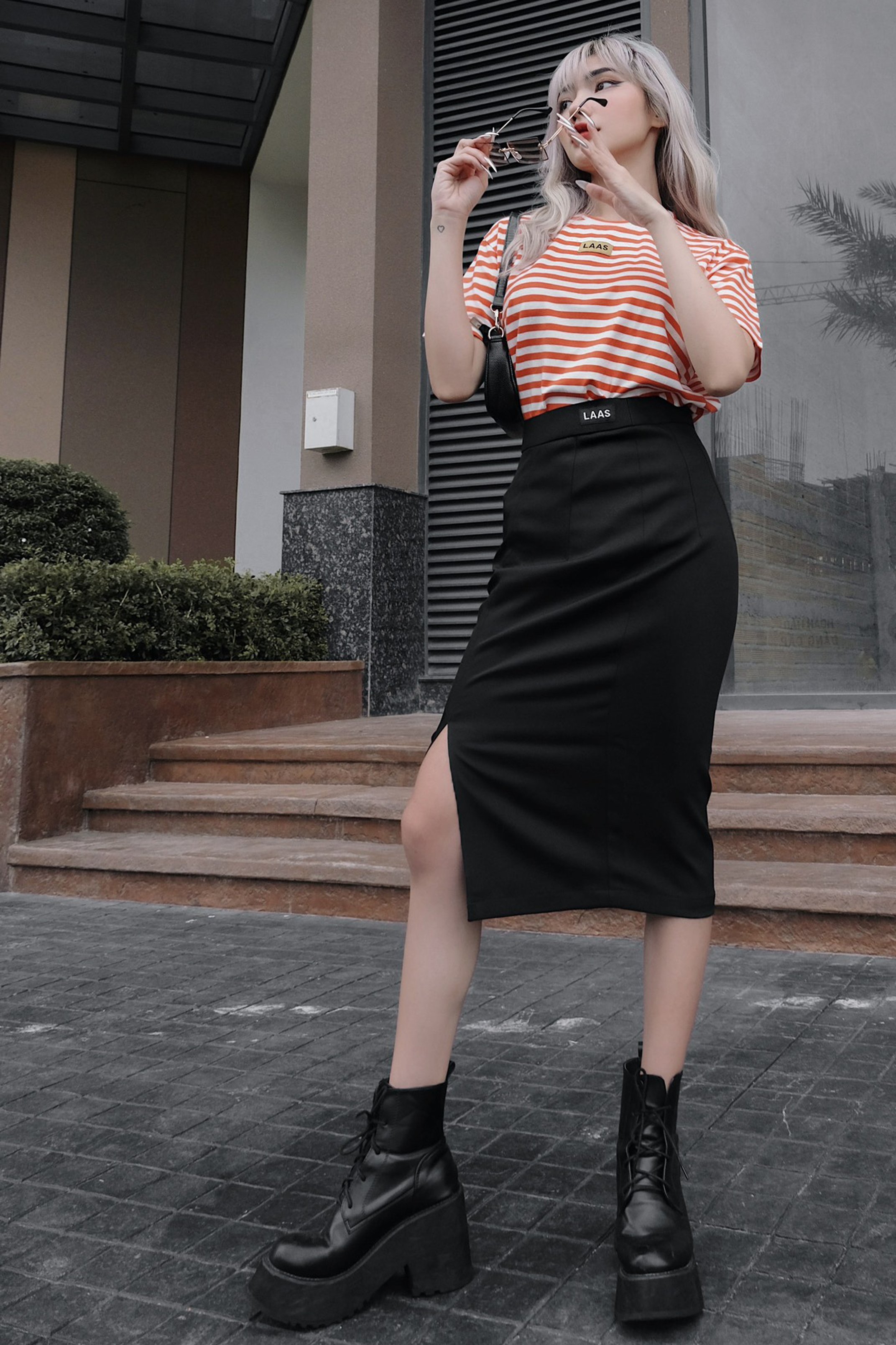 LAAS Áo thun logo fabric sọc form cơ bản nhiều màu